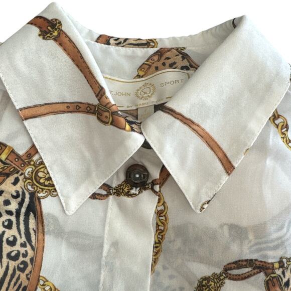 St John Sport Semi Sheer Animal Print Collared Button Front Blouse P - Picture 2 of 10